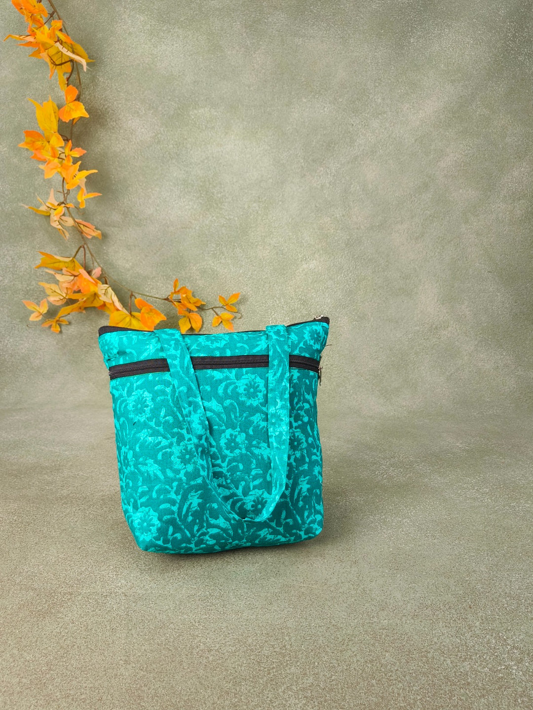 Small Handbag Light Greenish Blue Botanical Prints Design