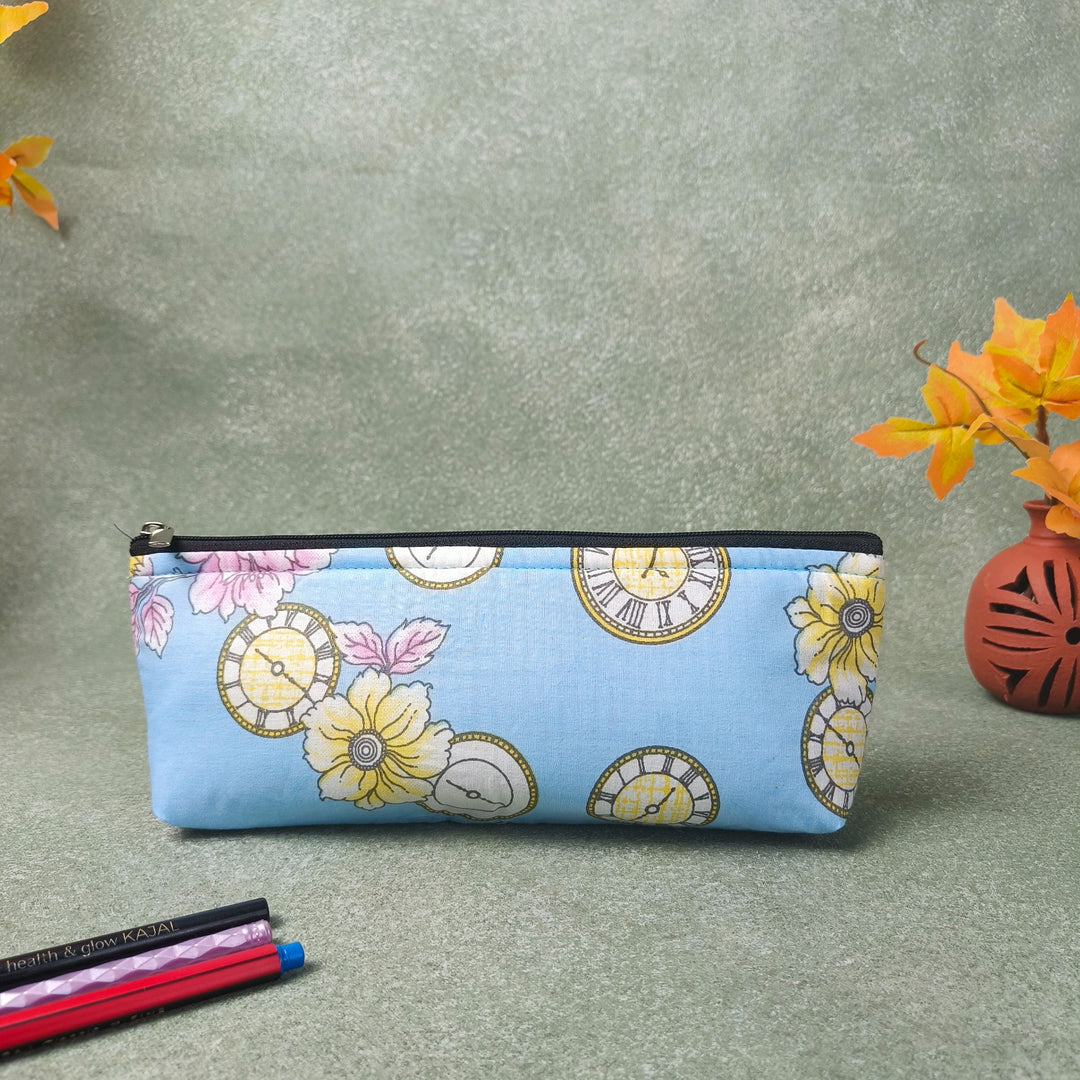 Pencil Pouch Blue Colour with Clock Prints.