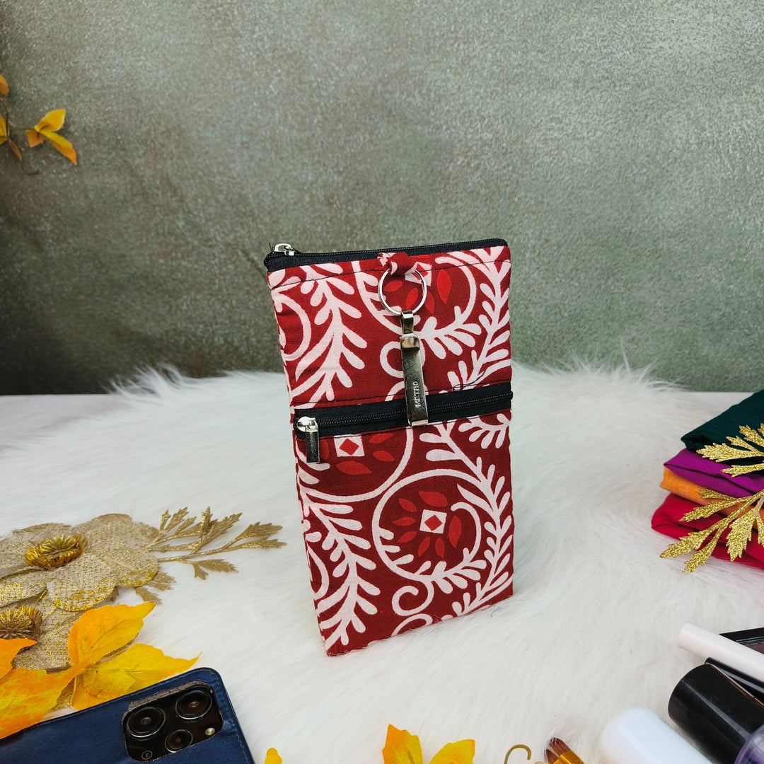 Saree Clip Mobile Pouch Red with White Floral Graphic Prints