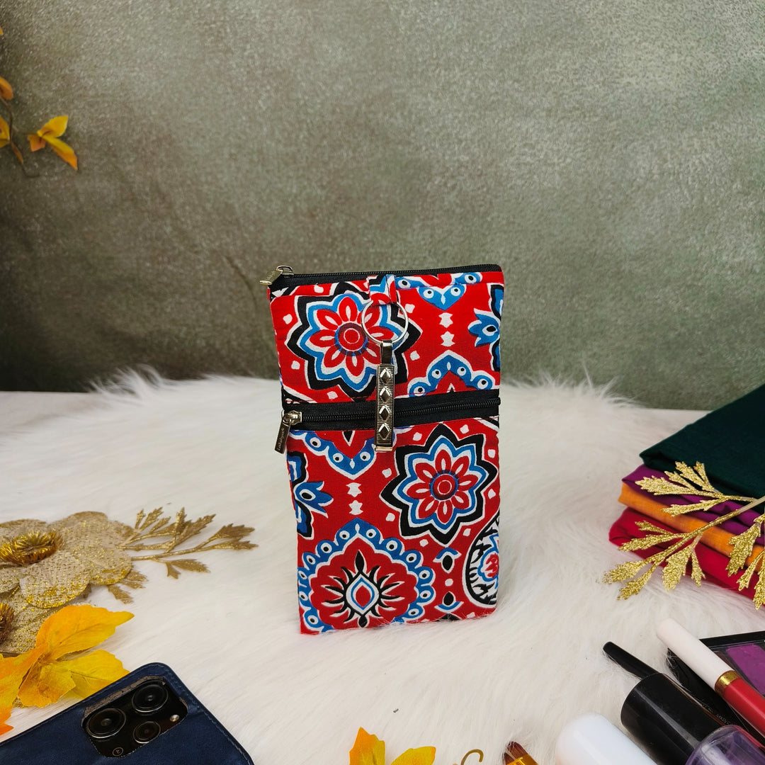 Saree Clip Mobile Pouch Red with Floral Prints Design