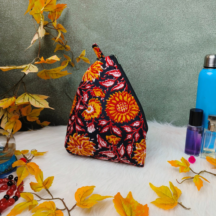 Weavers Nest Pouch - Large Black With Orange Flower Design.