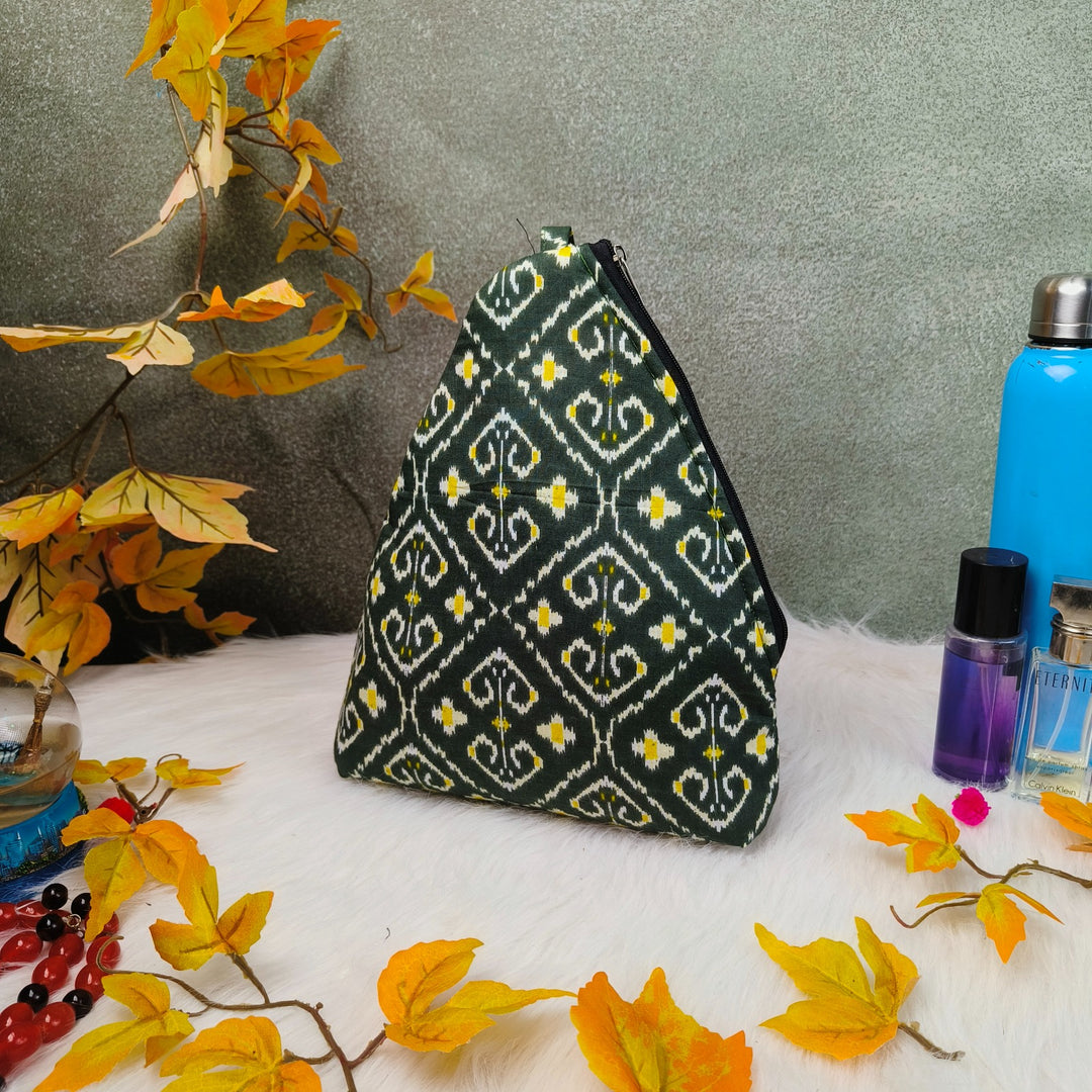 Weavers Nest Pouch - Large Bottle Green with Yellow small Flower Design.