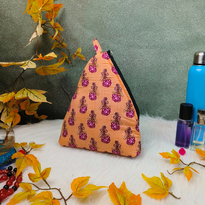 Weavers Nest Pouch - Large Orange Colour with purple floral Prints.