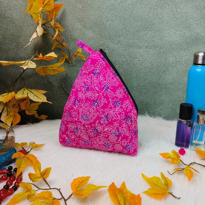 Weavers Nest Pouch - Large Pink with Blue Colour Floral Prints