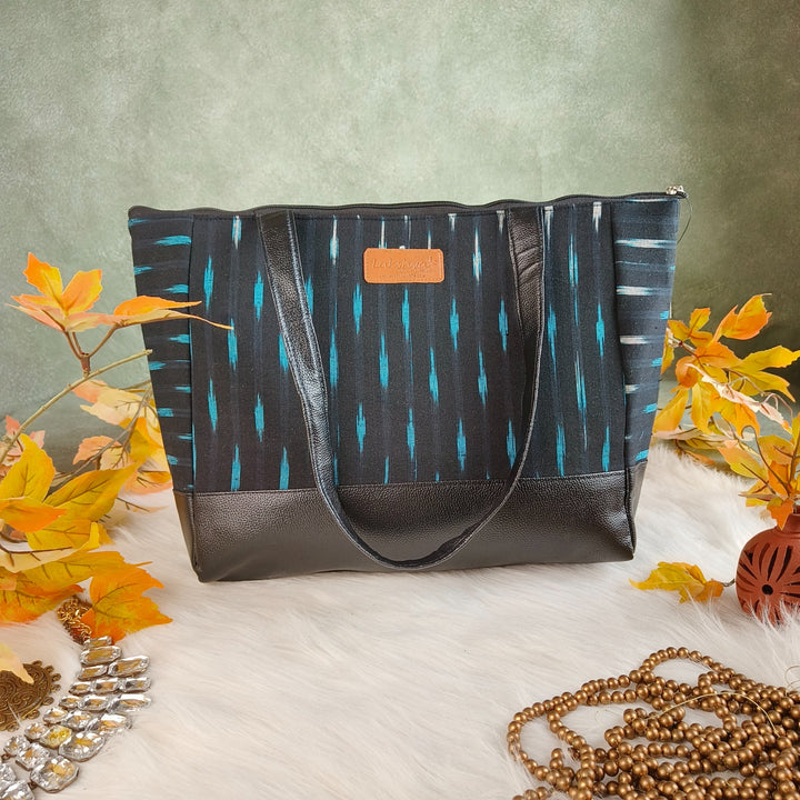 Sarus Crane Series Jumbo Tote Black with Blue and White Vertical Fret Ditsy Prints