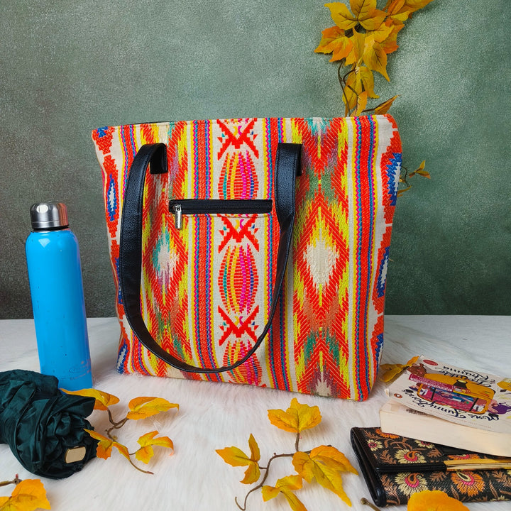 Dual Zip Fusion Tote Orange with Multicolor Geometric Prints