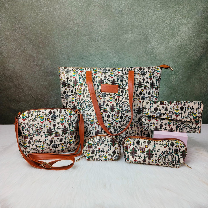 Go Special Tote Combo Set White with Black Tribal Prints