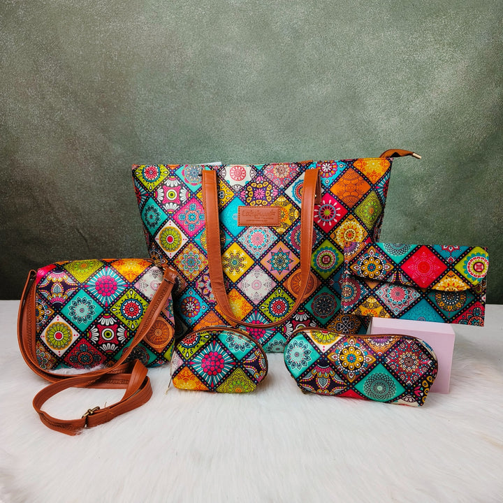 Go Special Tote Combo Set Multicolour Small Square Allover Patterns