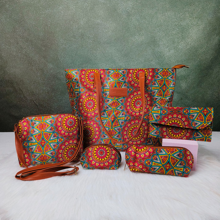 Go Special Tote Combo Set Green with Orange Big Polka dot Pattern