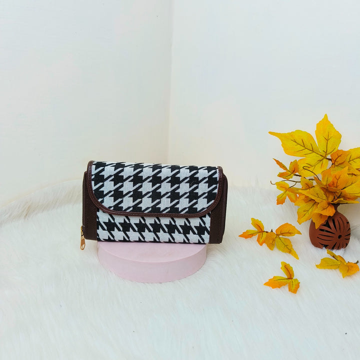 Handmade Wallets Dual Zip Black with White Houndstooth Patterns