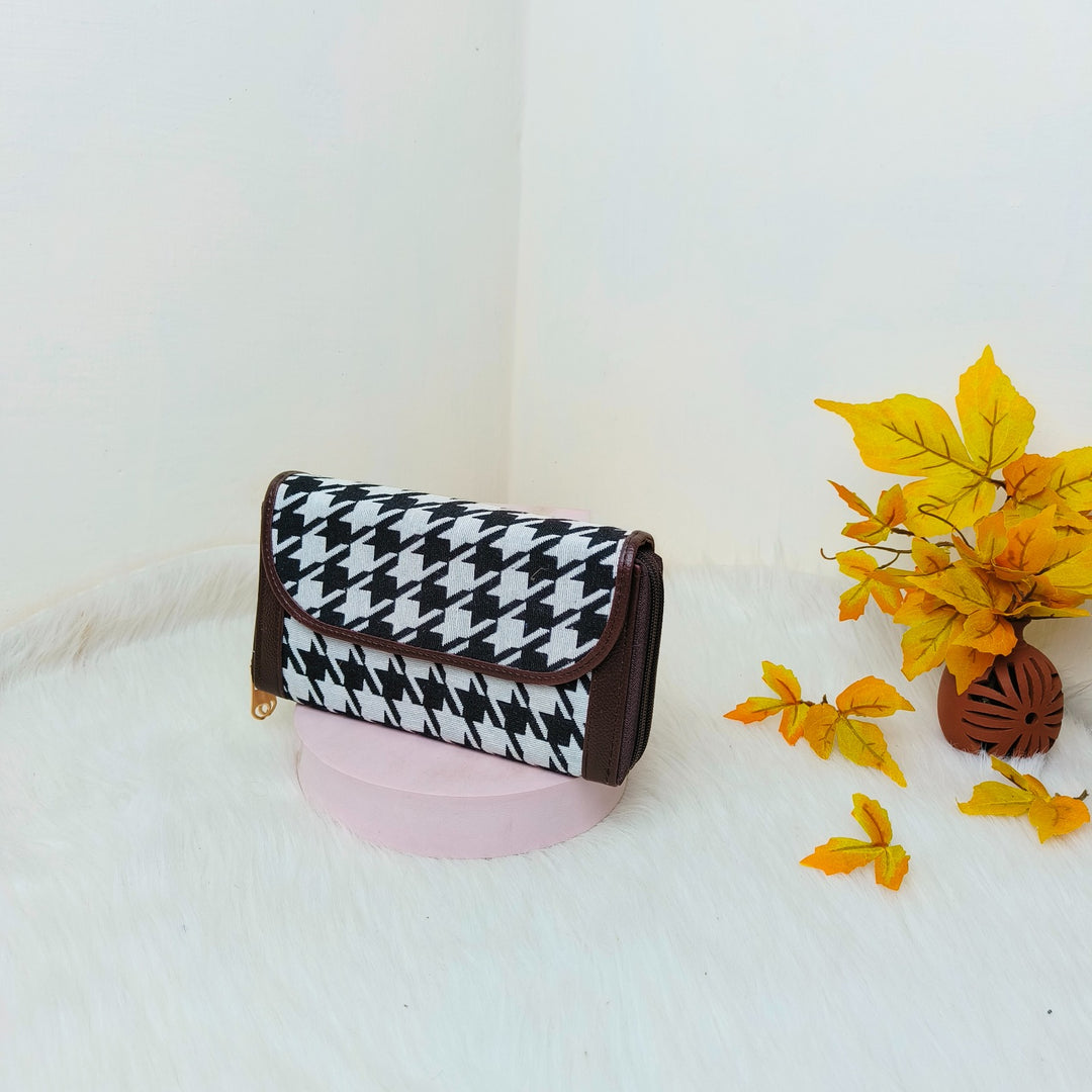 Handmade Wallets Dual Zip Black with White Houndstooth Patterns