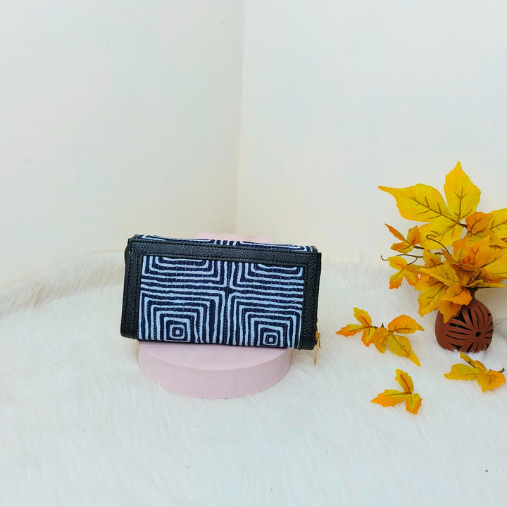 Handmade Wallets Dual Zip Blue with White Geometrical Patterns