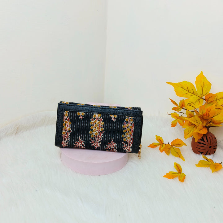 Handmade Wallets Dual Zip Black with Orange Floral Prints Design