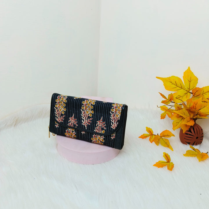 Handmade Wallets Dual Zip Black with Orange Floral Prints Design