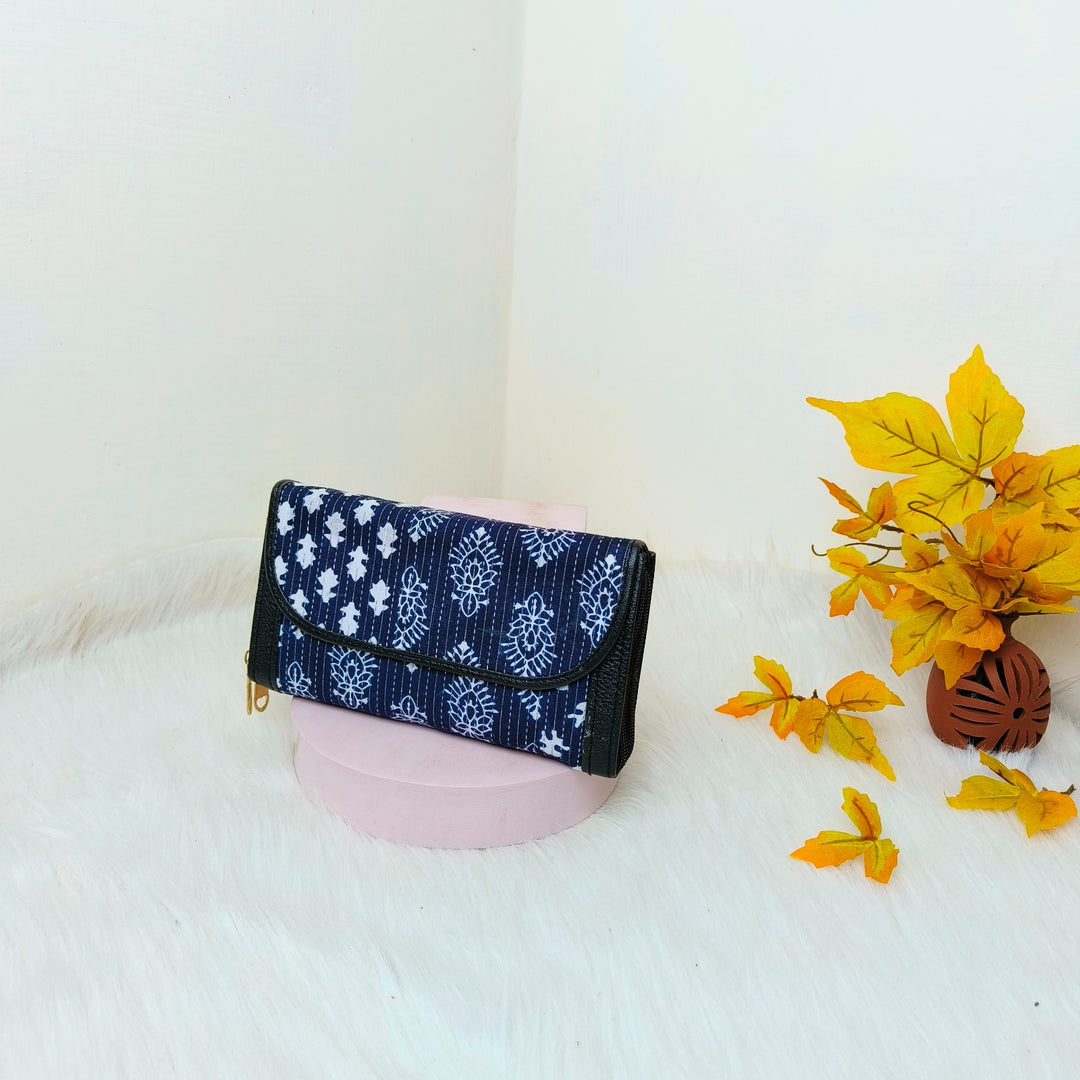 Handmade Wallets Dual Zip Blue with White Graphic Prints Design