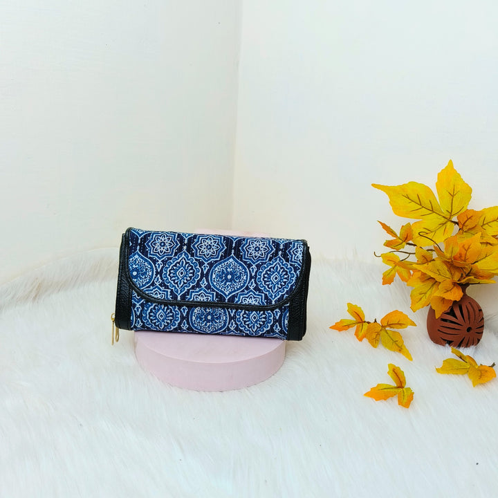 Handmade Wallets Dual Zip Blue with White Indian Prints