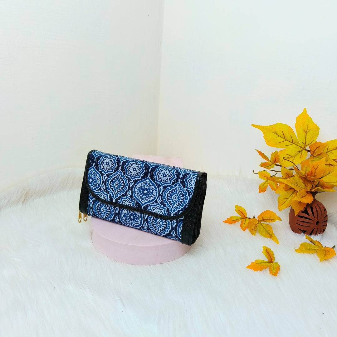 Handmade Wallets Dual Zip Blue with White Indian Prints