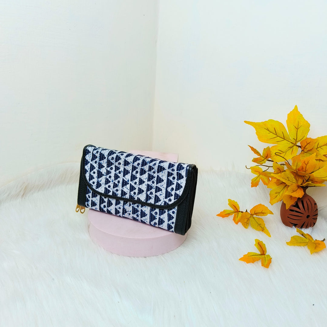 Handmade Wallets Dual Zip Black with White Composite Repeat Prints