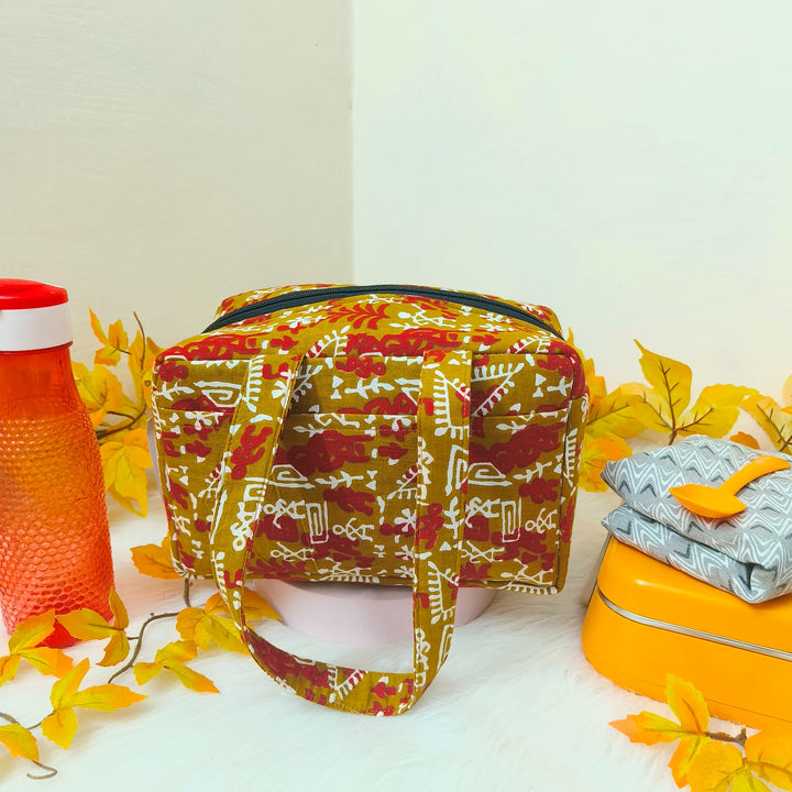 Water Proof Mini Lunch Bag Yellow with Red Tribal Prints Design