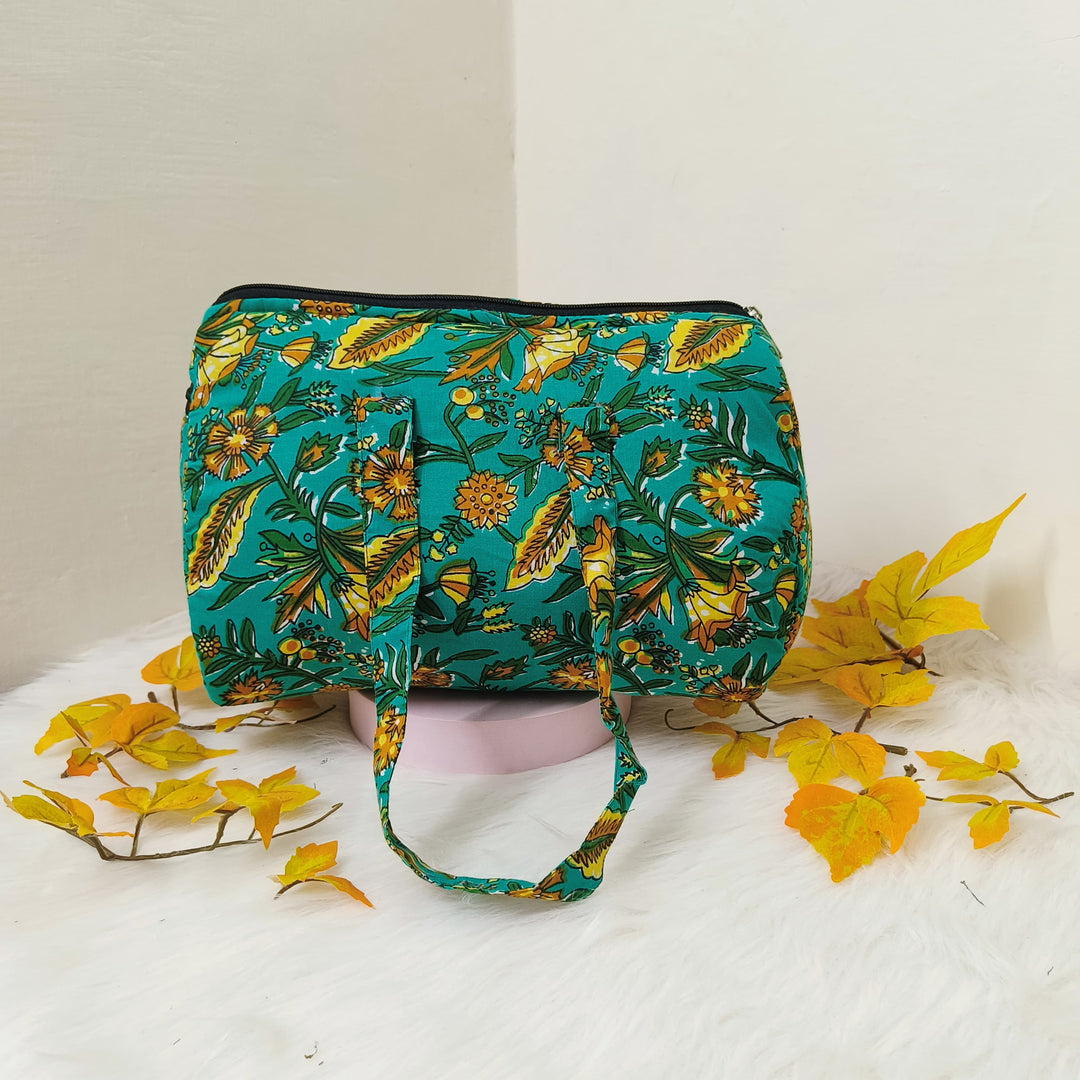 Barrel Handbags Green with Yellow Leaf Design.