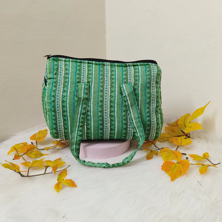 Barrel Handbags Green with White Prints.