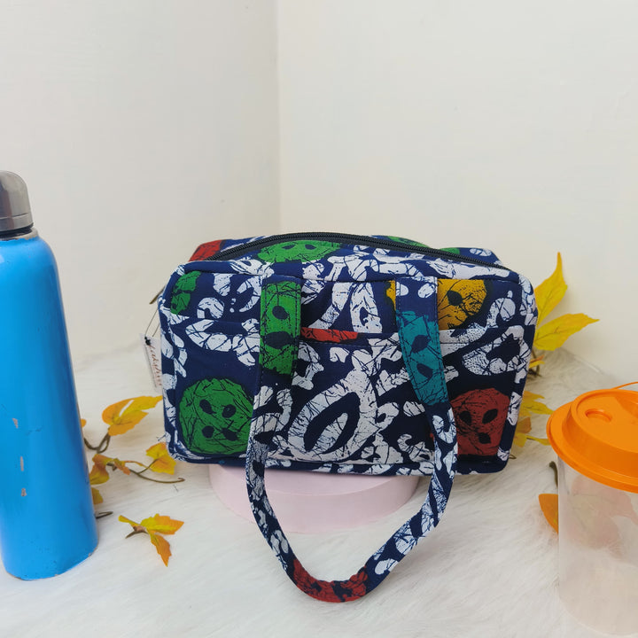 Water Proof Mini Lunch Bag Blue with Graphic Multicolor Prints Design