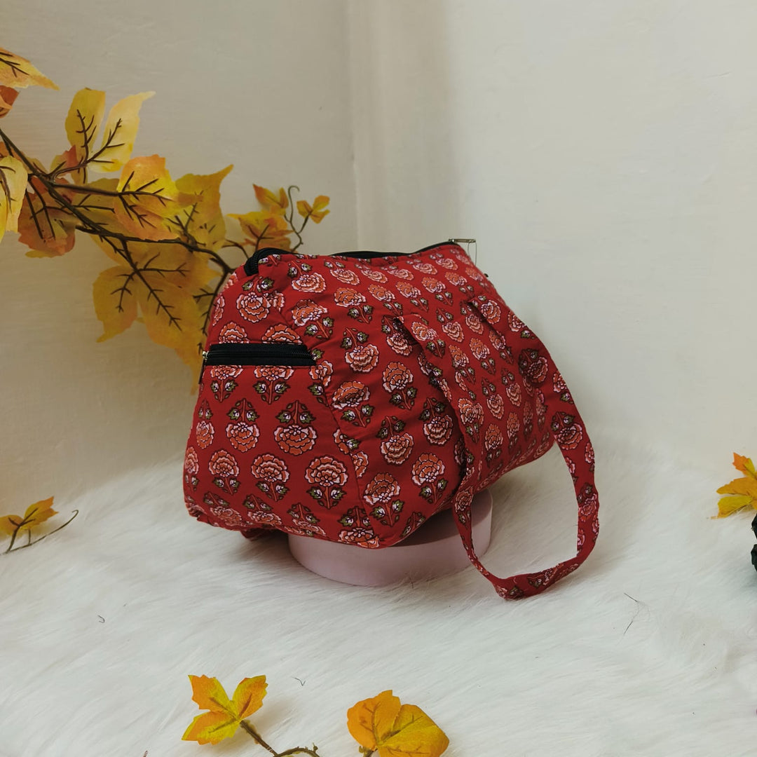 Barrel Handbags Red Color With White Flower print