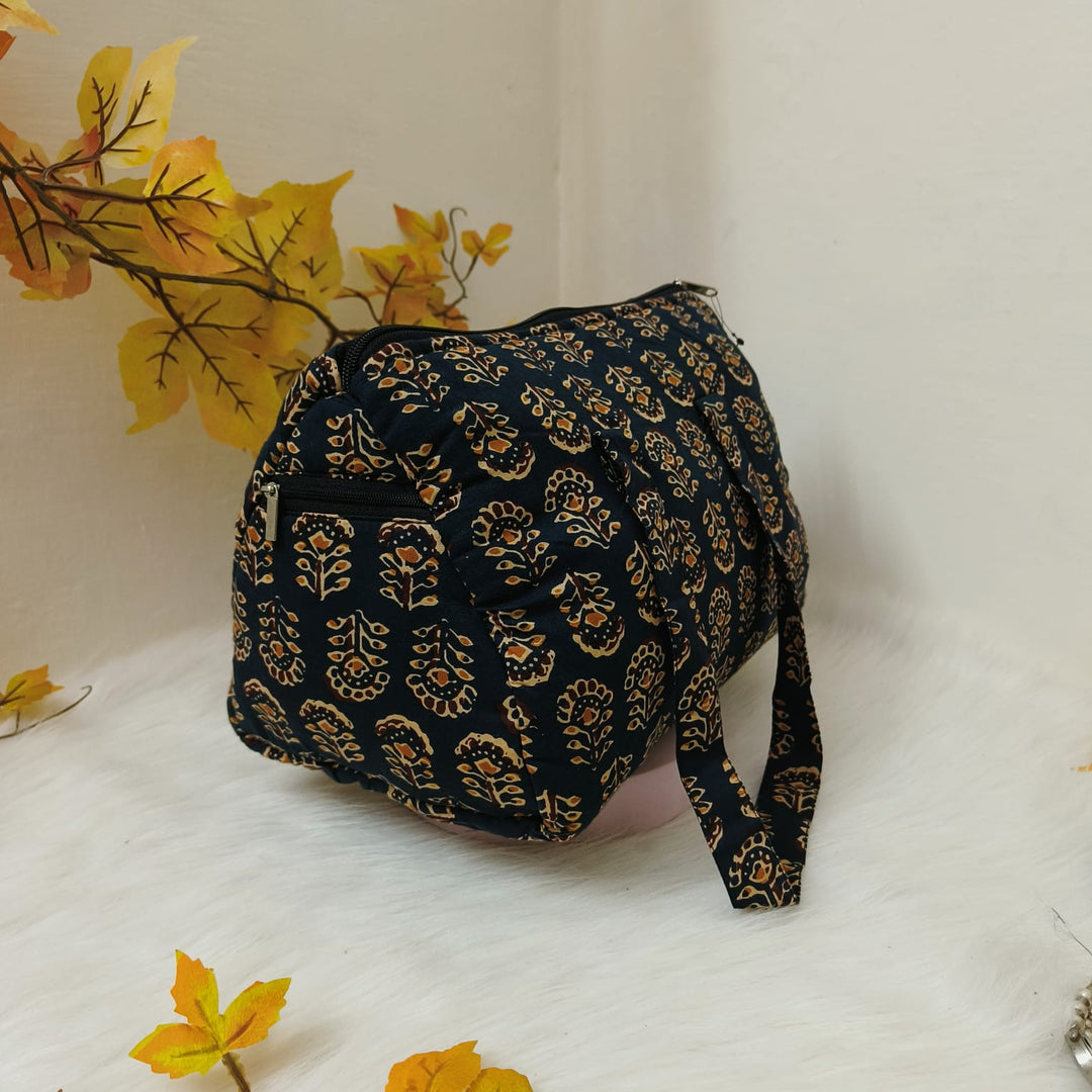 Barrel Handbags Black with Sandal Floral Prints