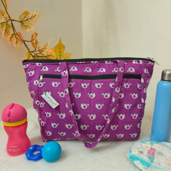 Baby Bag /Diaper bag/Hospital Bag Violet with White Elephant Design.