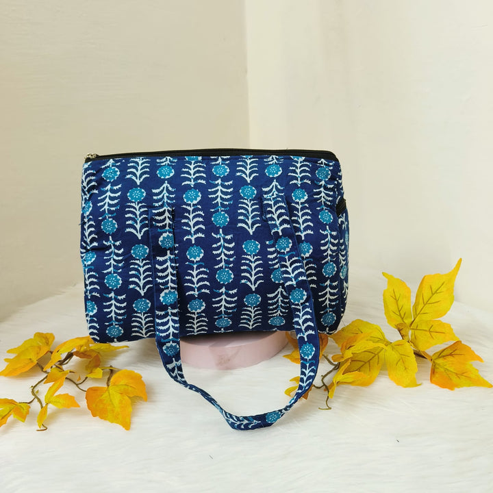 Barrel Handbags Blue Colour with Floral Prints.