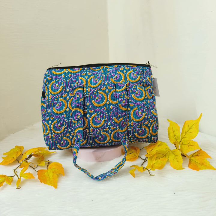 Barrel Handbags Blue With Mustered Prints