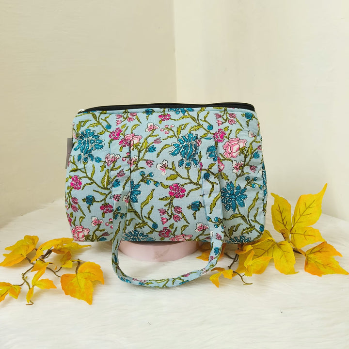 Barrel Handbags Sky Blue with Pink Botanical Prints