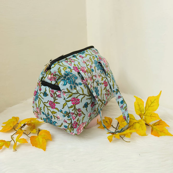 Barrel Handbags Sky Blue with Pink Botanical Prints