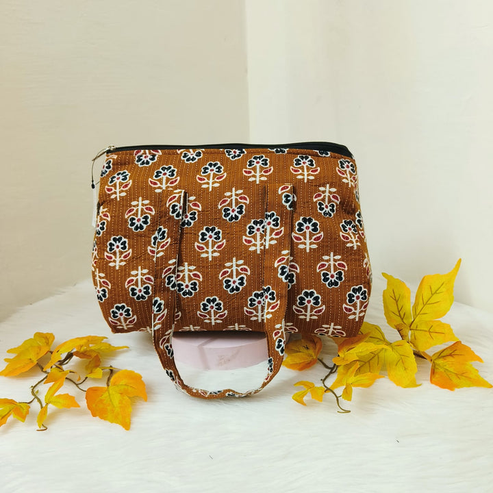 Barrel Handbags Brown Colour with Floral Design