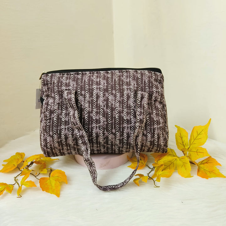 Barrel Handbags Brown with White Ditsy Prints.