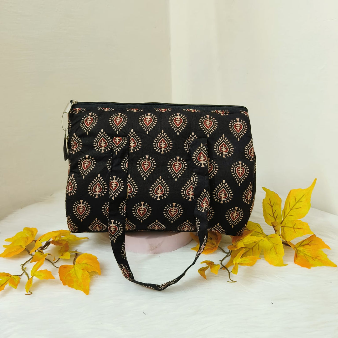 Barrel Handbags Black with Floral Design