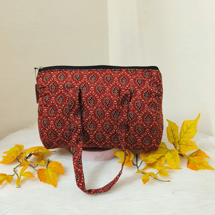 Barrel Handbags Maroon Colour with Floral Design