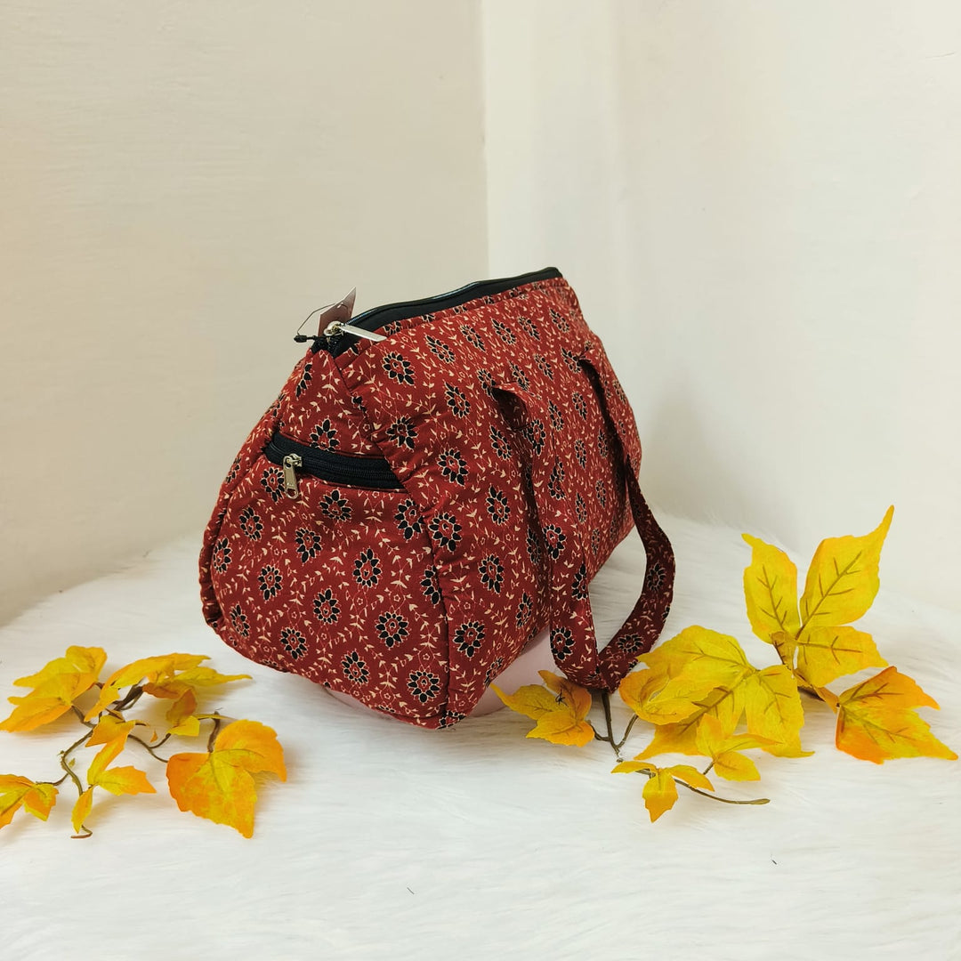 Barrel Handbags Maroon Colour with Floral Design