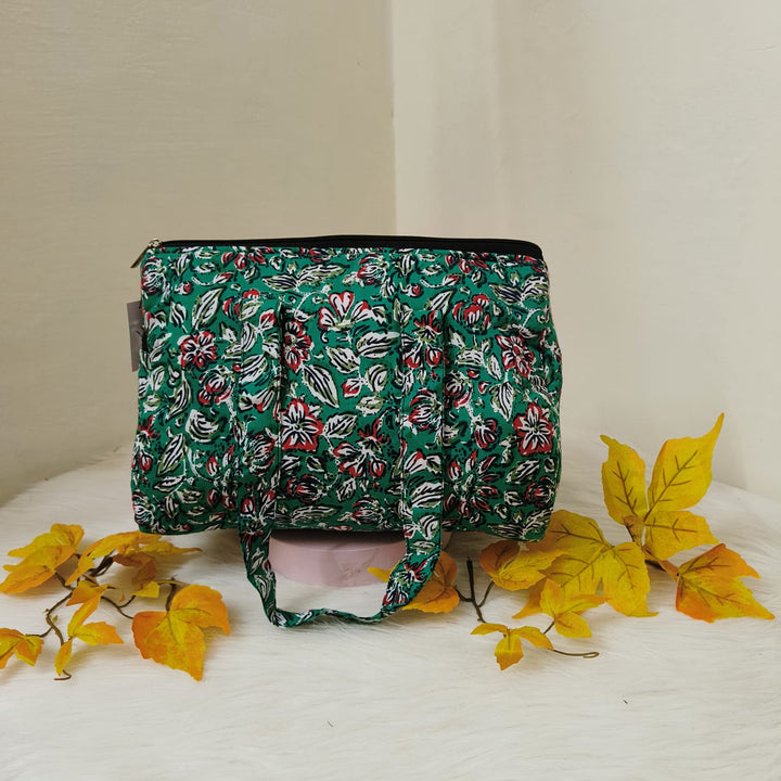 Barrel Handbags Green Colour with Leaf Design.