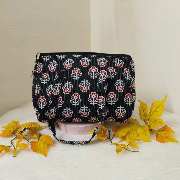 Barrel Handbags Black with Small Flower Design.