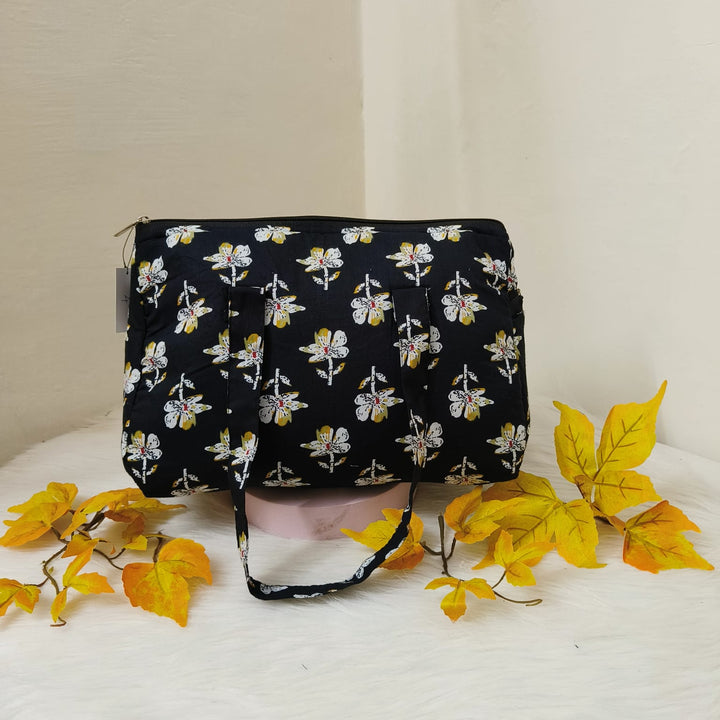 Barrel Handbags Black Colour with Botanical Floral Design