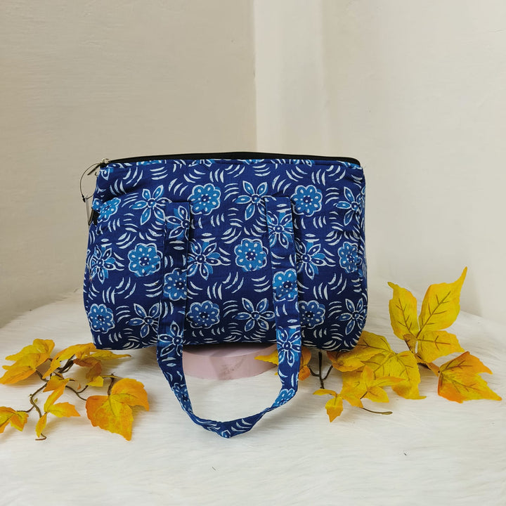 Barrel Handbags Dark Blue Colour with Botanical Floral Design