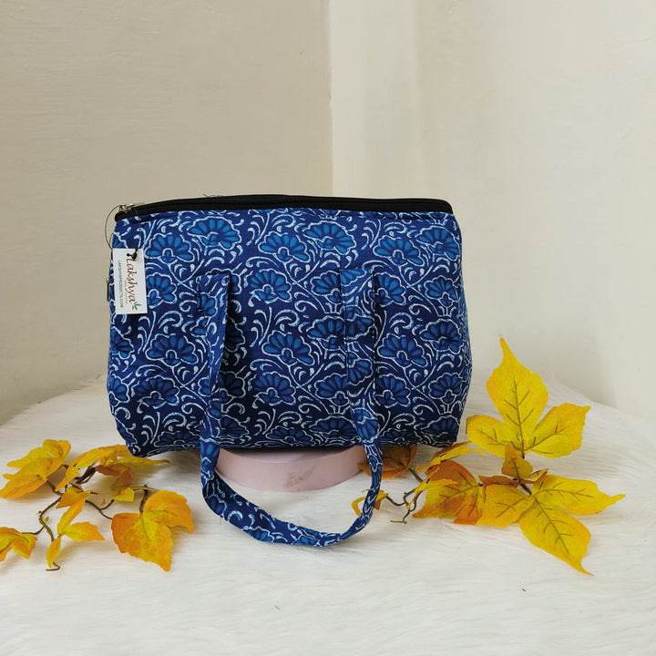 Barrel Handbags Blue with White Botanical Floral Design