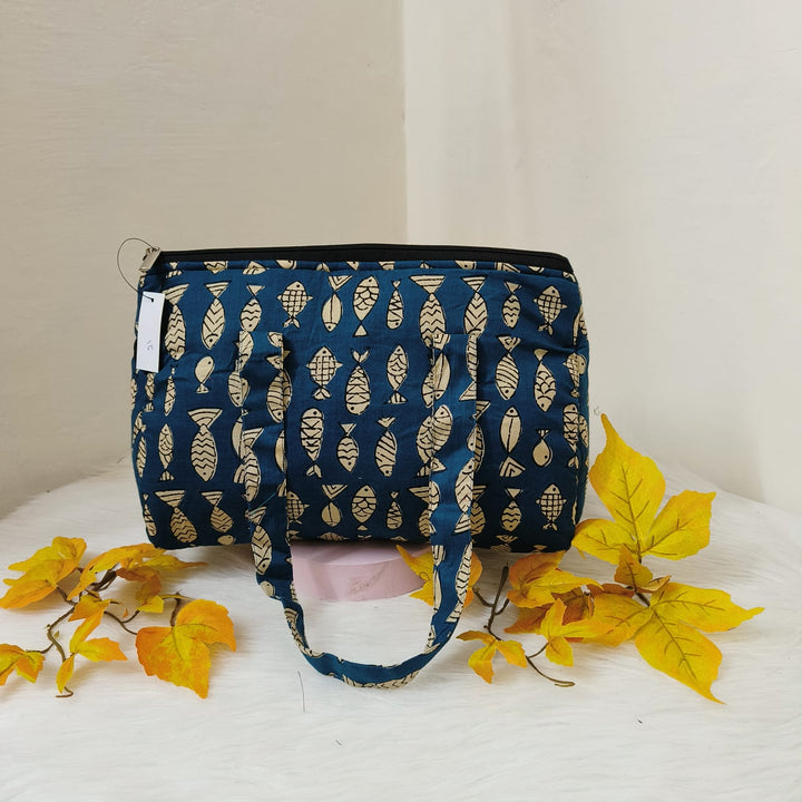 Barrel Handbags Blue Colour With Fish Design.