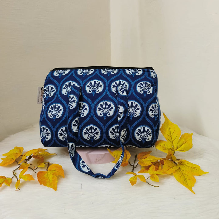 Barrel Handbags  Blue with White peacock Design.