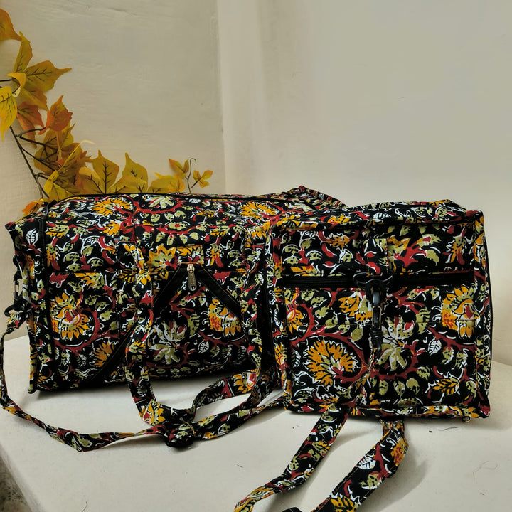 Expandable Travel Bag Black with Botanical Floral Design.