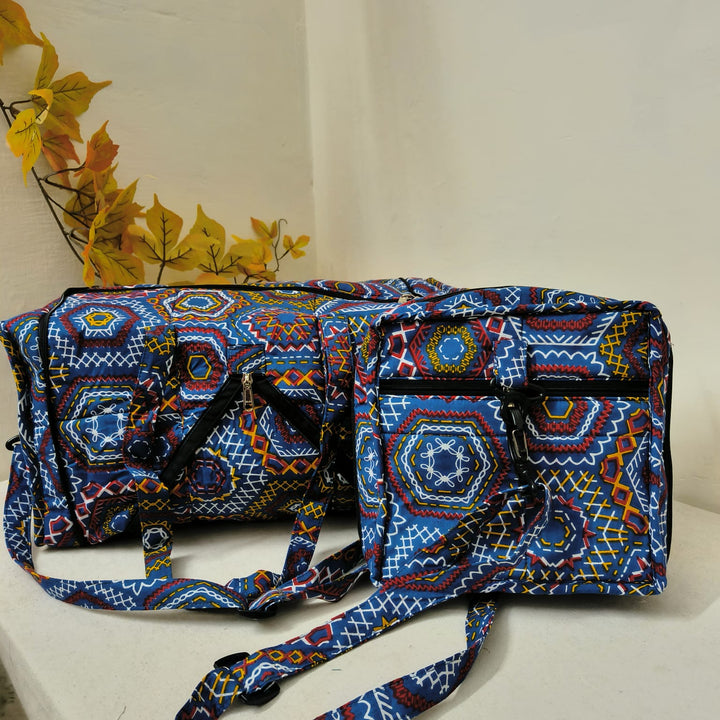 Expandable Travel Bag Blue with Multi Colour Prints