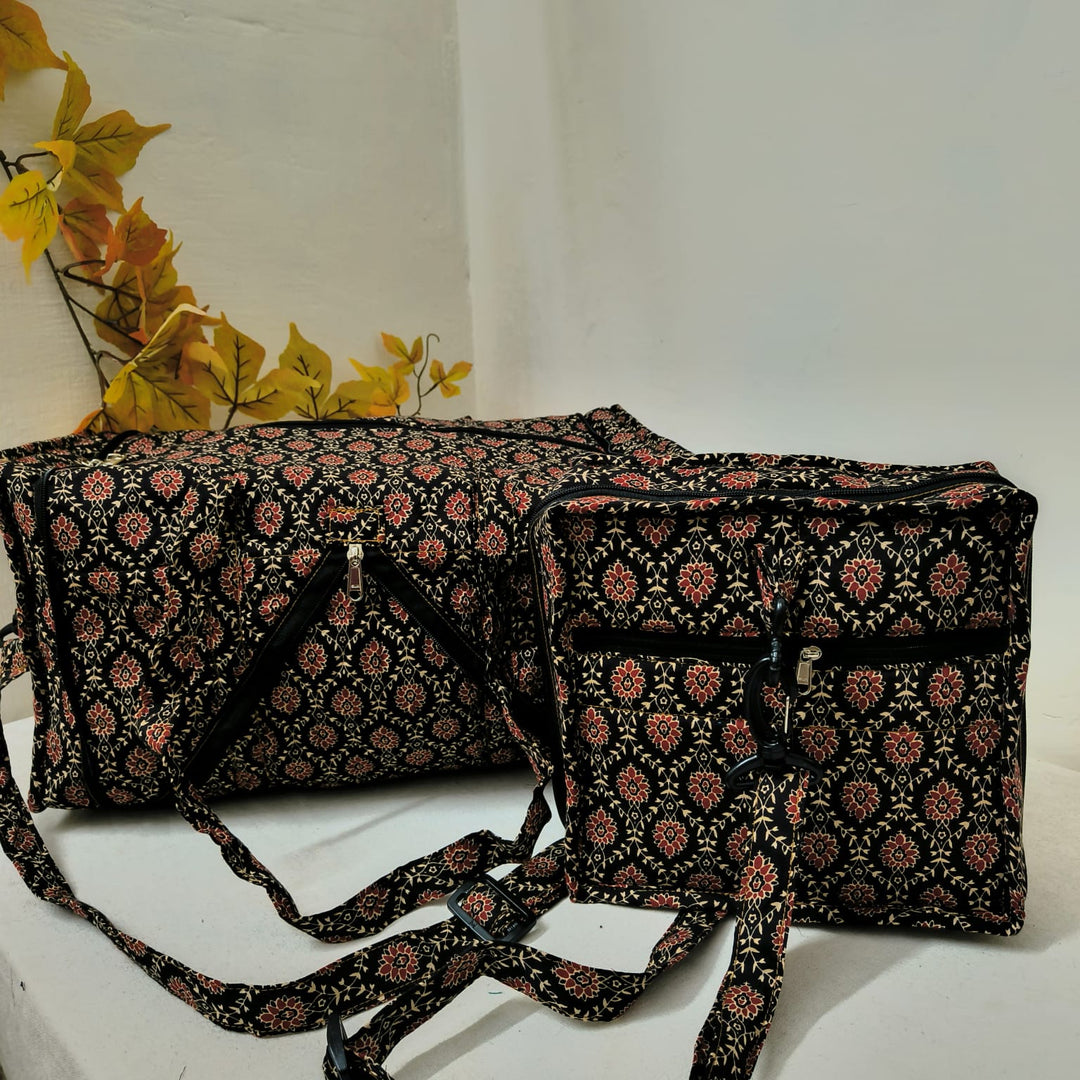 Expandable Travel Bag Black with Maroon Flower Design.