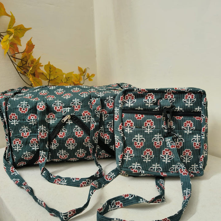 Expandable Travel Bag Grey with Red Colour Floral Design.