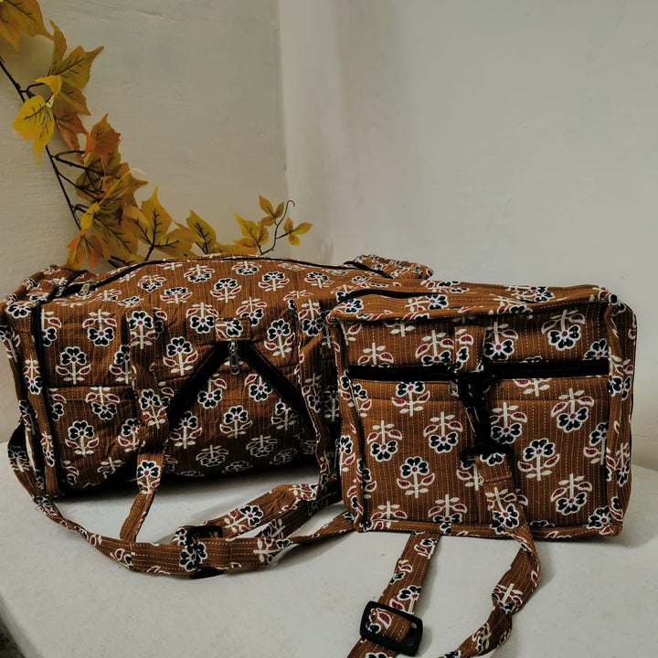 Expandable Travel Bag Brown with Black Floral Design